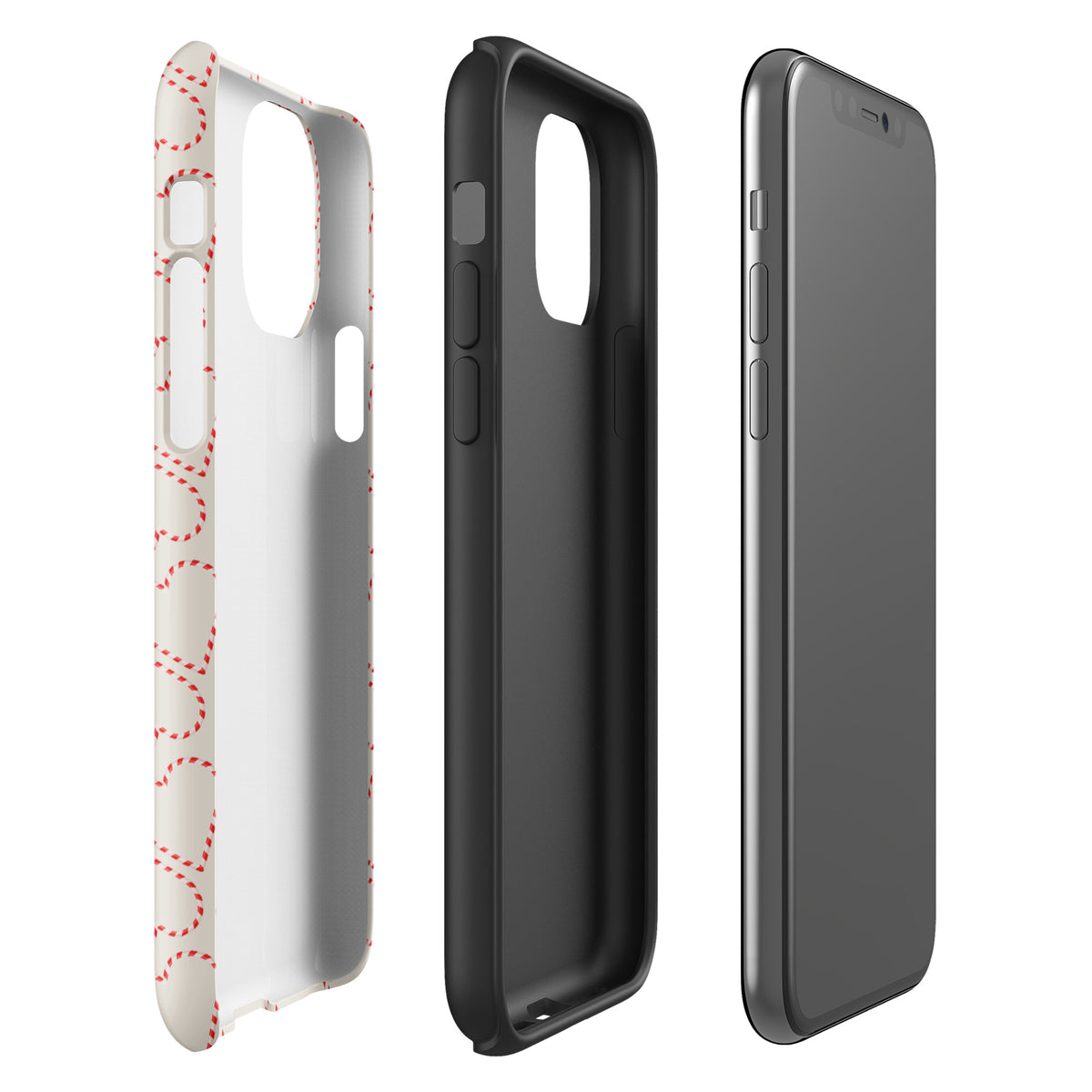 Phone Case for iPhone with festive candy cane heart pattern, perfect for holiday celebrations. Cheerful red and white design. Cozy vibes.