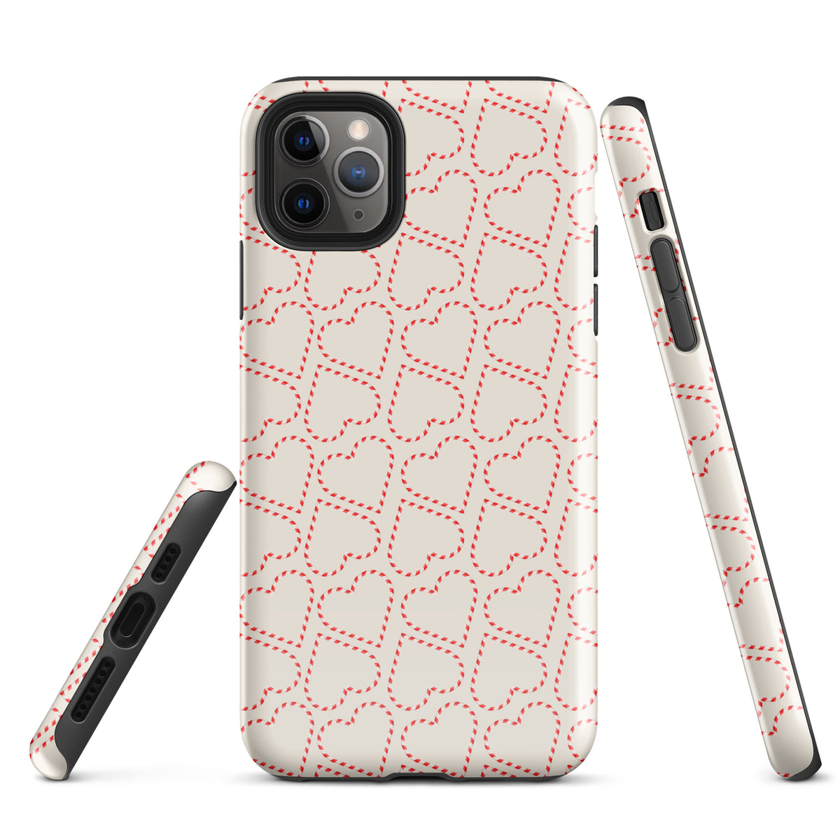 Phone Case for iPhone with holiday candy cane heart pattern in red and white, perfect for festive celebrations and seasonal cheer.