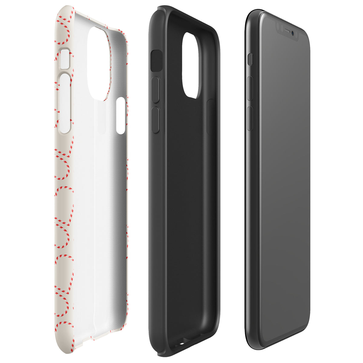 Phone Case for iPhone with holiday candy cane heart pattern, showcasing festive red and white stripes for Christmas season.