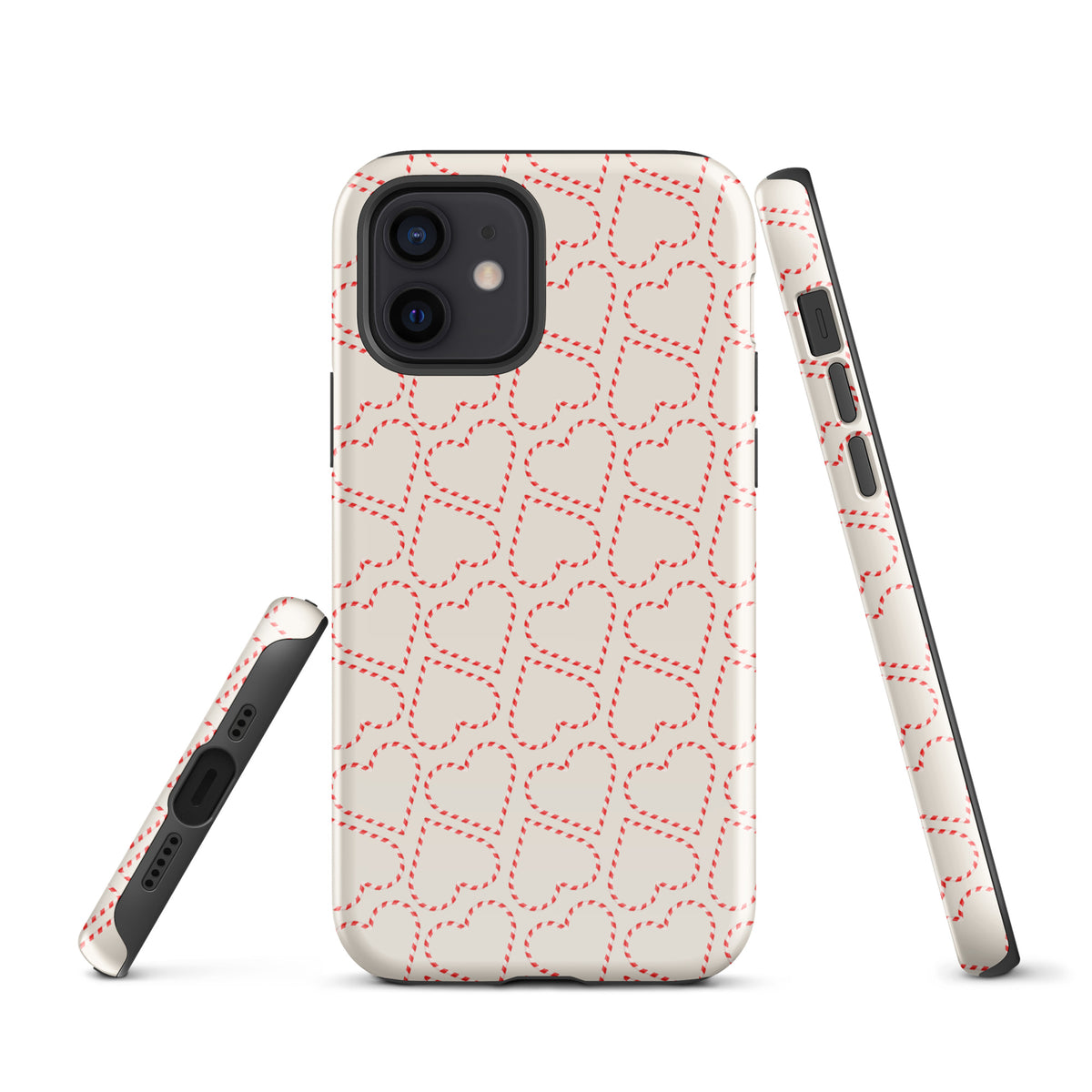Phone Case with candy cane heart pattern for iPhone, featuring festive red and white stripes, ideal for holiday and Christmas celebrations.