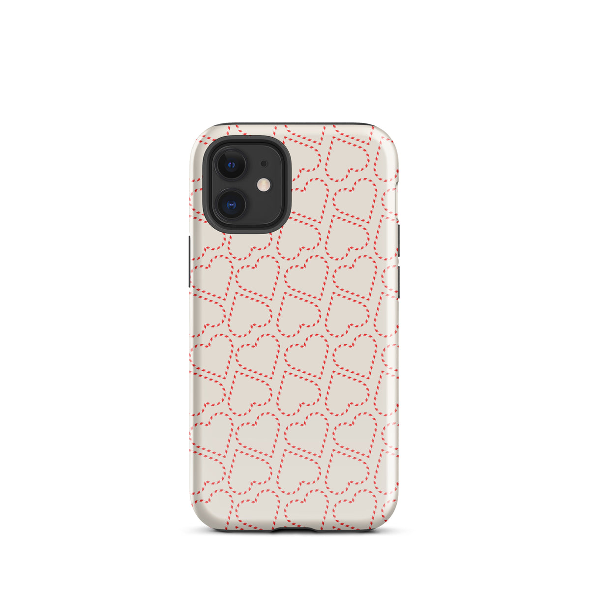 Phone Case for iPhone with holiday candy cane heart pattern, red and white festive design perfect for winter celebrations.