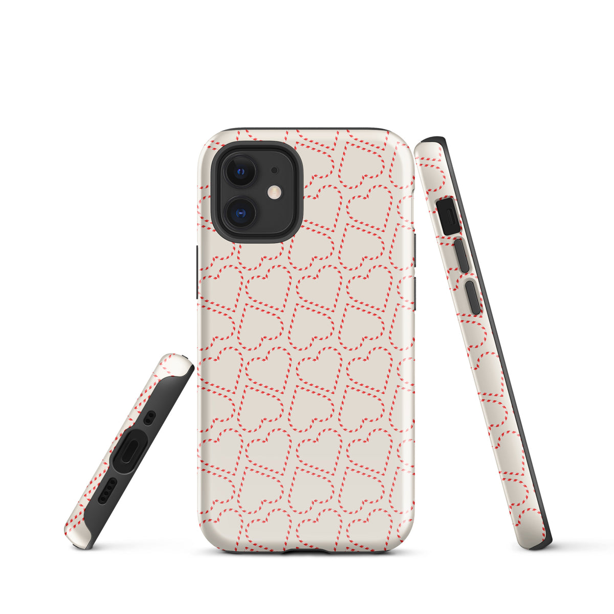 Phone Case for iPhone with holiday candy cane heart pattern, featuring festive red and white stripes, perfect for winter celebrations.