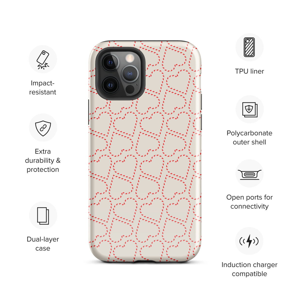 Phone Case for iPhone with festive candy cane heart pattern, showcasing impact-resistant design and compatibility features.
