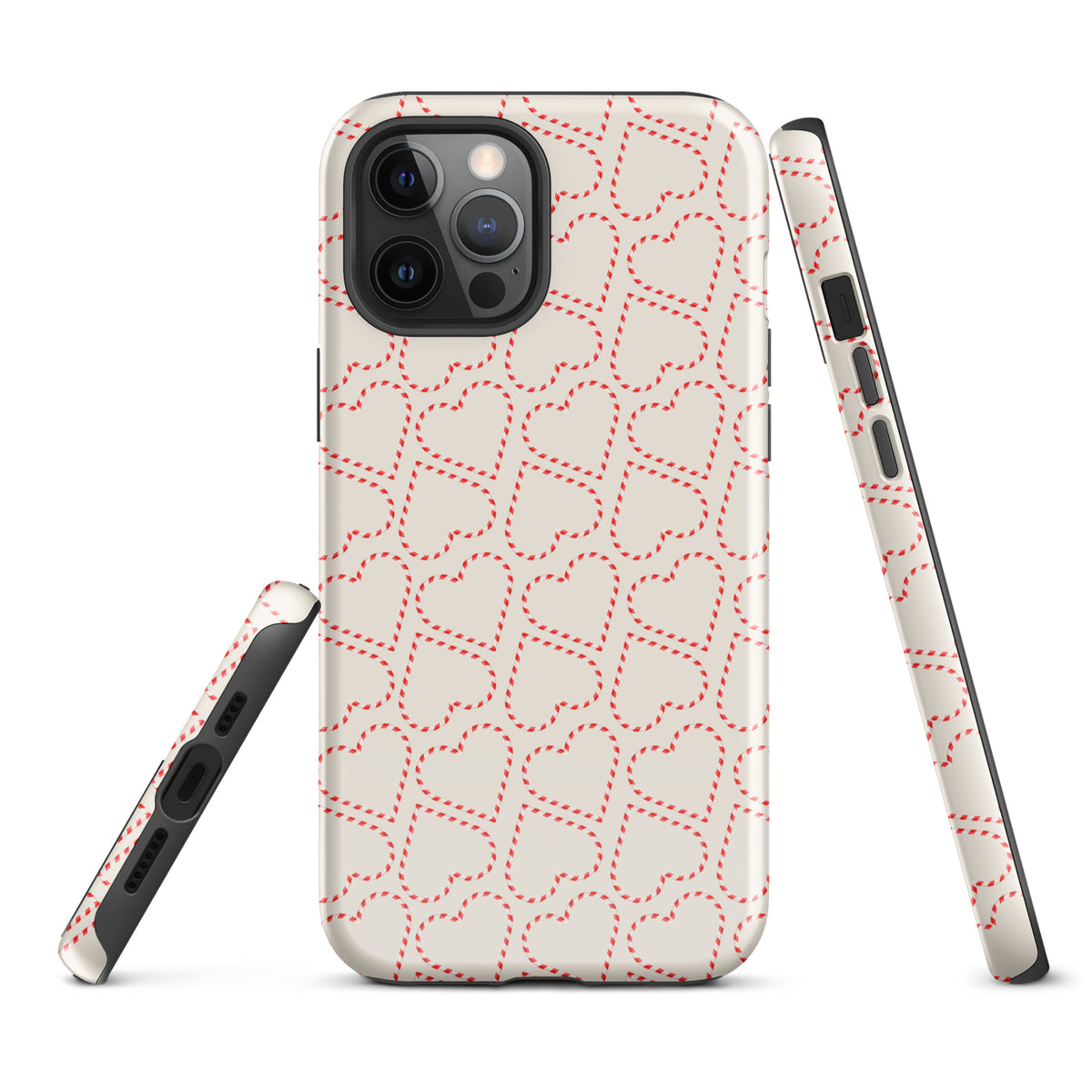 Phone Case for iPhone with candy cane heart holiday pattern, featuring red and white festive stripes for Christmas and winter celebrations.
