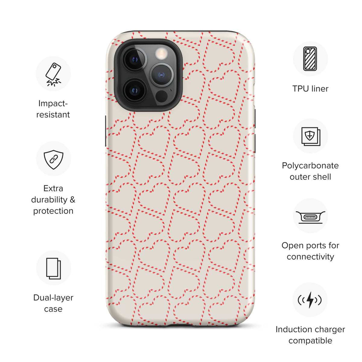 Phone Case for iPhone with holiday candy cane heart pattern, featuring festive red and white stripes, impact-resistant with dual-layer design.