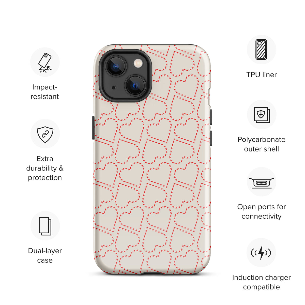 Phone Case with candy cane heart pattern for iPhone, red and white holiday design, impact-resistant, dual-layer protection.