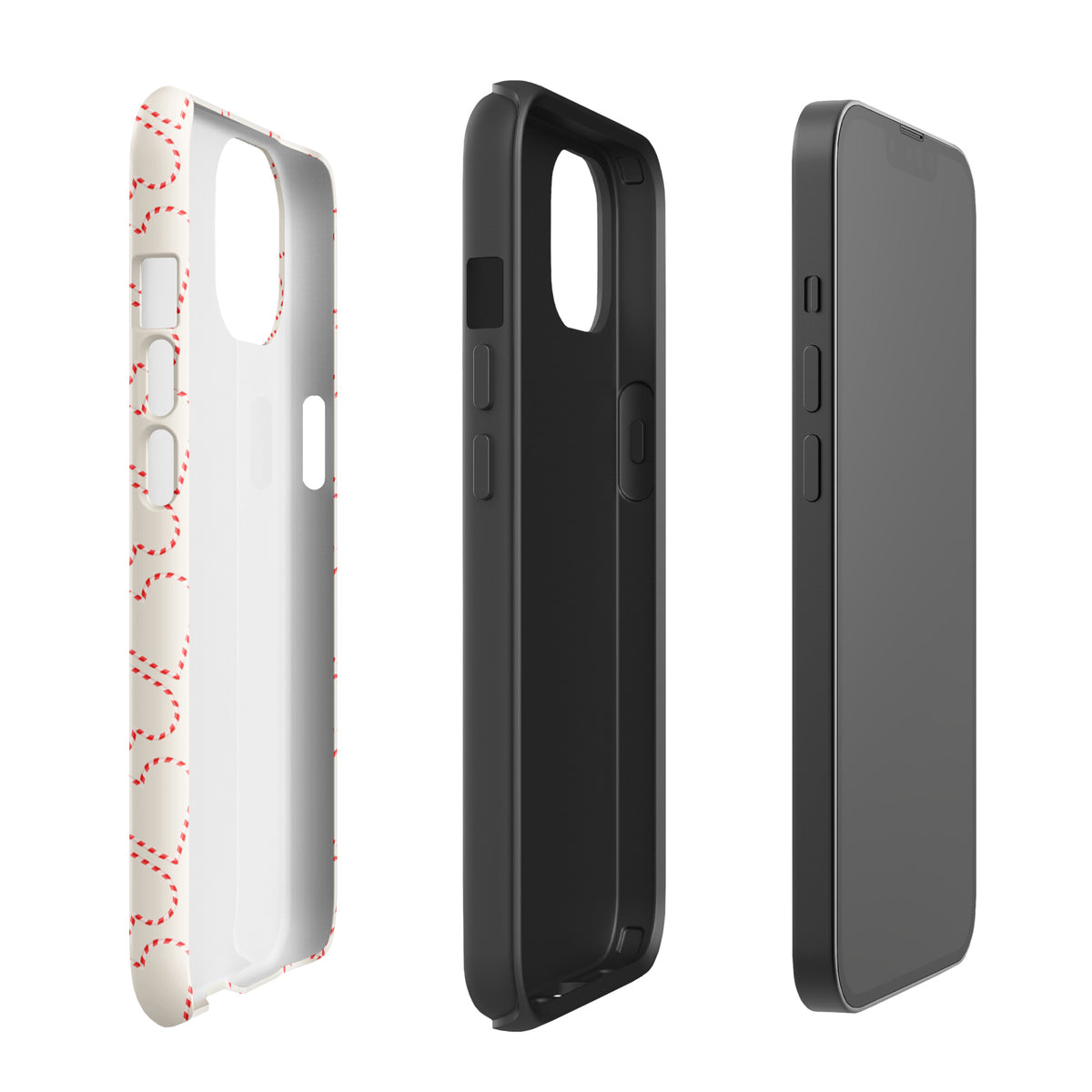 Phone Case for iPhone with holiday candy cane heart pattern, featuring red and white stripes, perfect for Christmas and winter vibes.