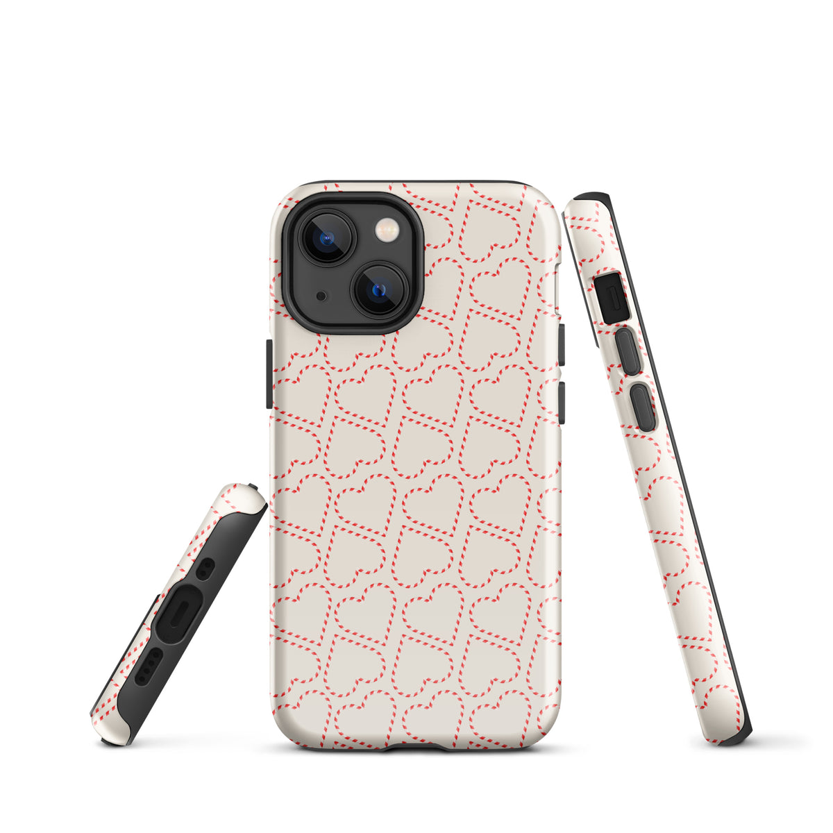 Phone Case for iPhone with holiday candy cane heart pattern in red and white, festive and winter-themed design, cozy seasonal vibes.