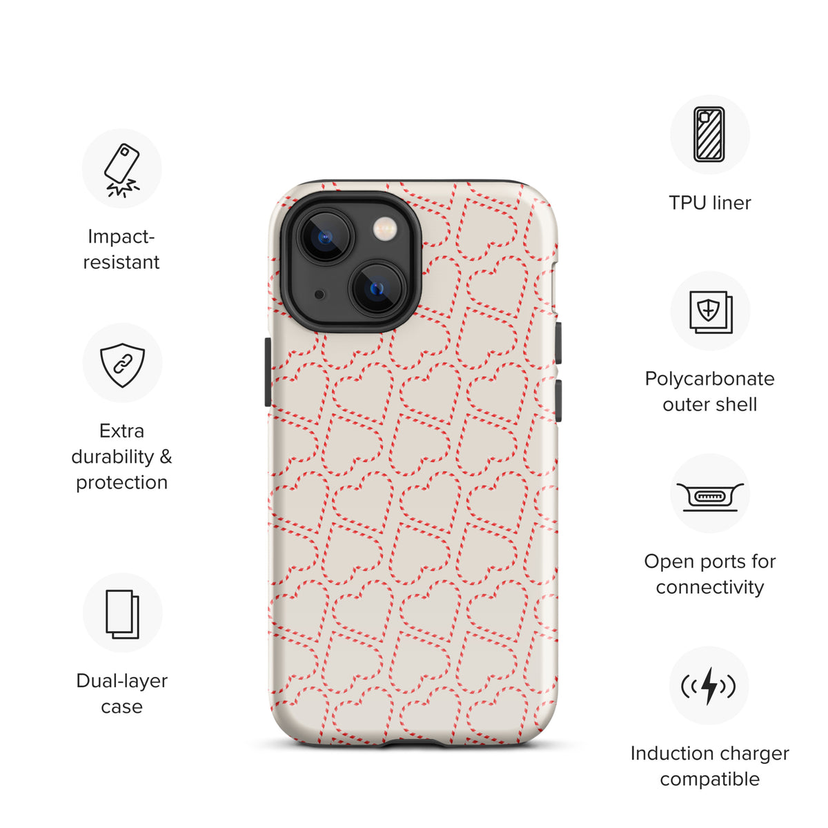 Phone Case for iPhone with holiday candy cane heart pattern, featuring impact-resistant polycarbonate shell and TPU liner for extra durability.
