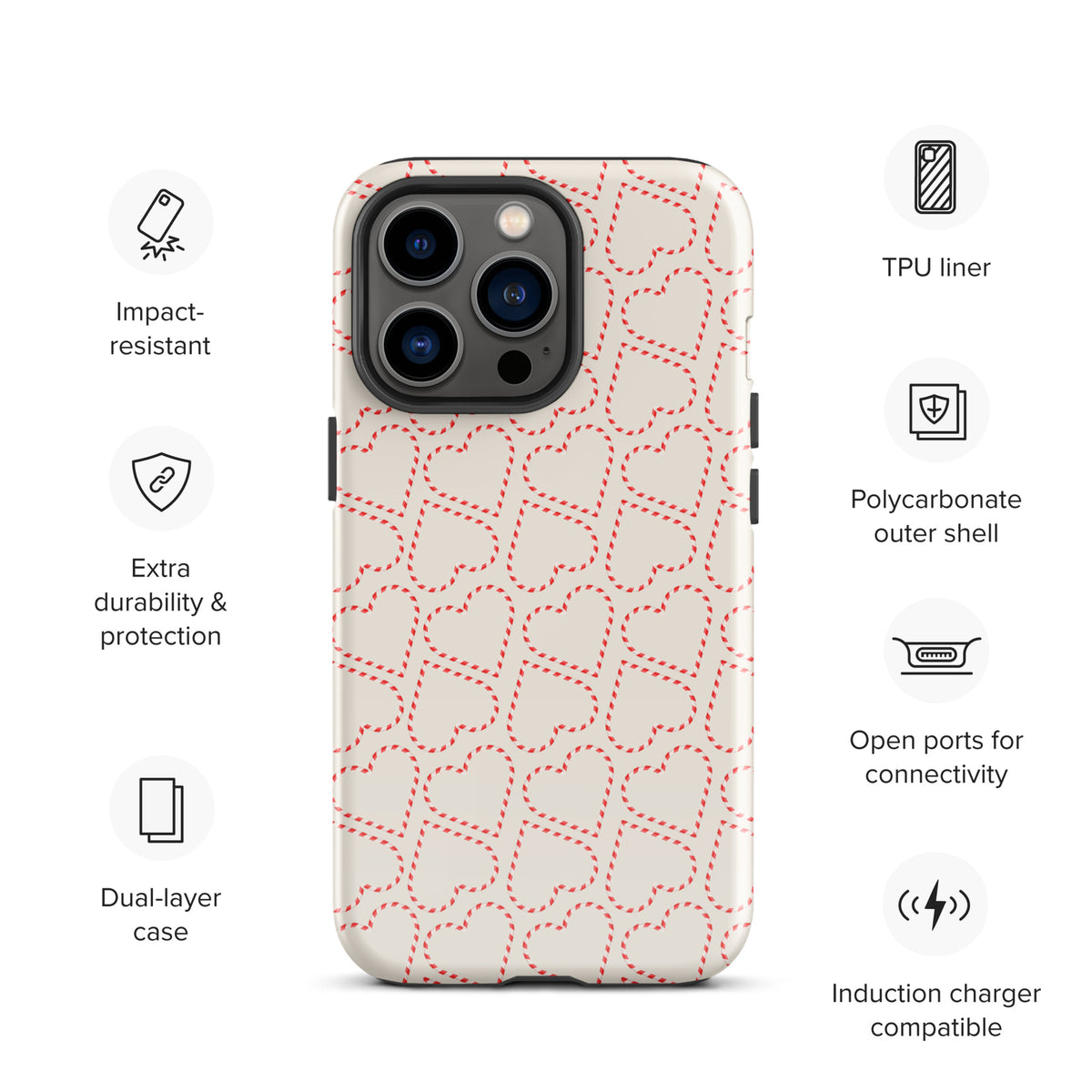 Phone Case for iPhone with holiday candy cane heart pattern featuring red and white stripes, festive and protective design.