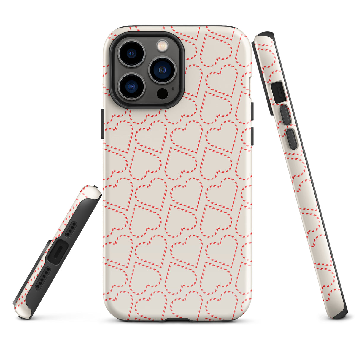 Phone Case for iPhone with holiday candy cane heart pattern, featuring festive red-and-white stripes for winter celebrations.