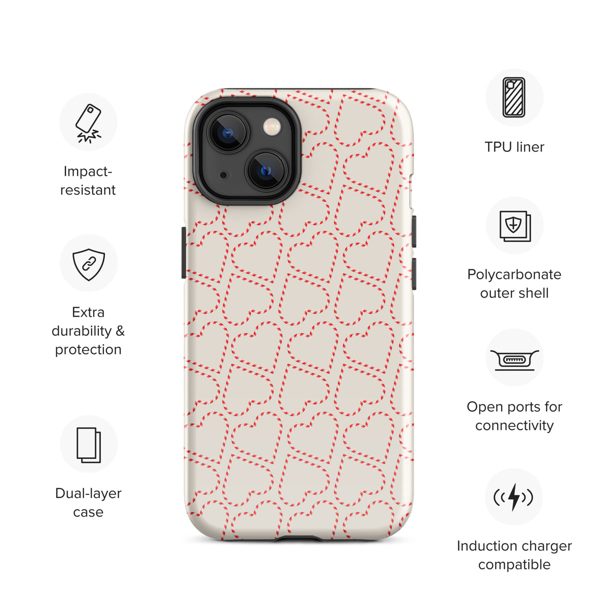 Phone Case for iPhone with holiday candy cane heart pattern, featuring impact-resistant design and TPU liner for Christmas season.