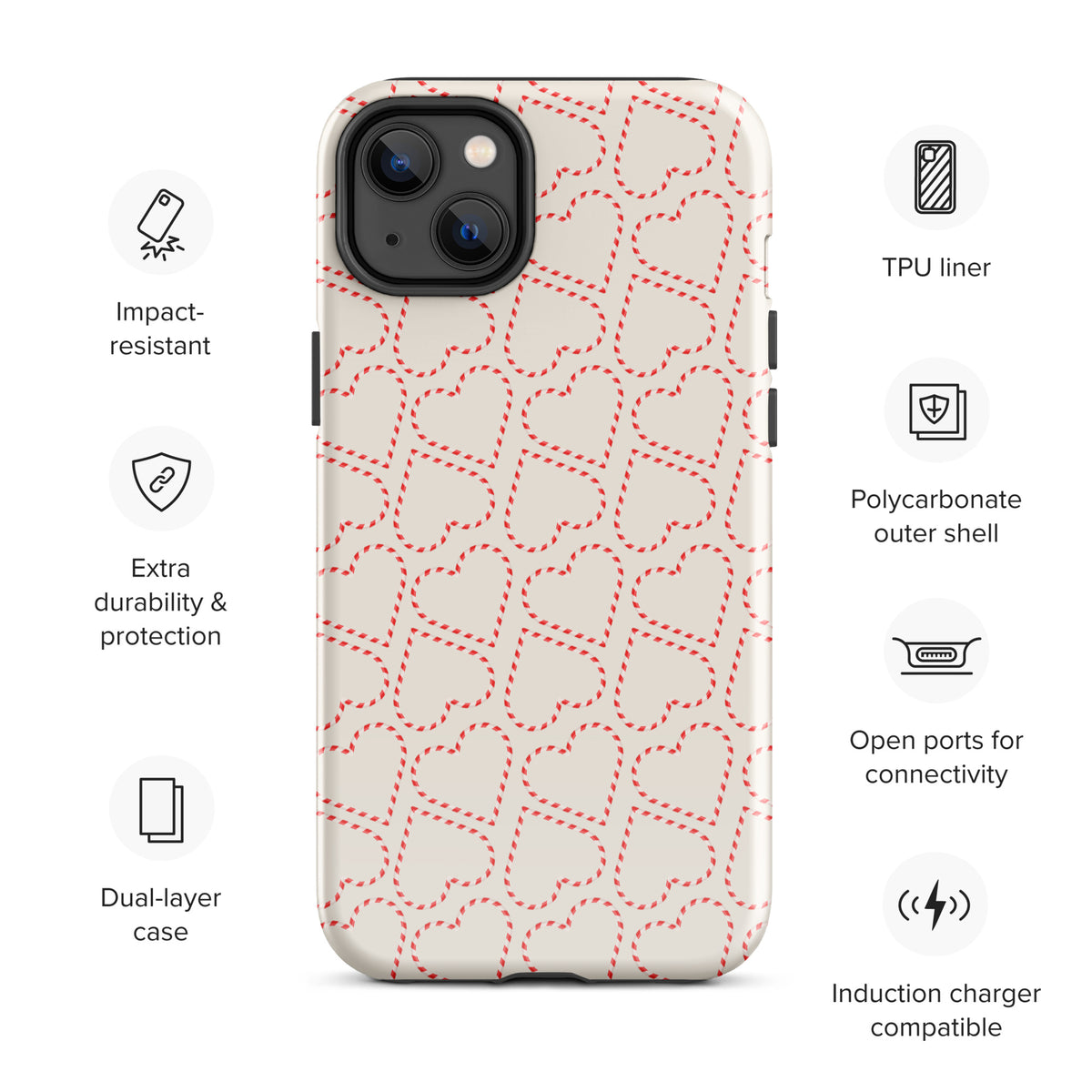 Phone Case for iPhone with candy cane heart pattern, impact-resistant, dual-layer, polycarbonate shell, with open ports for connectivity.