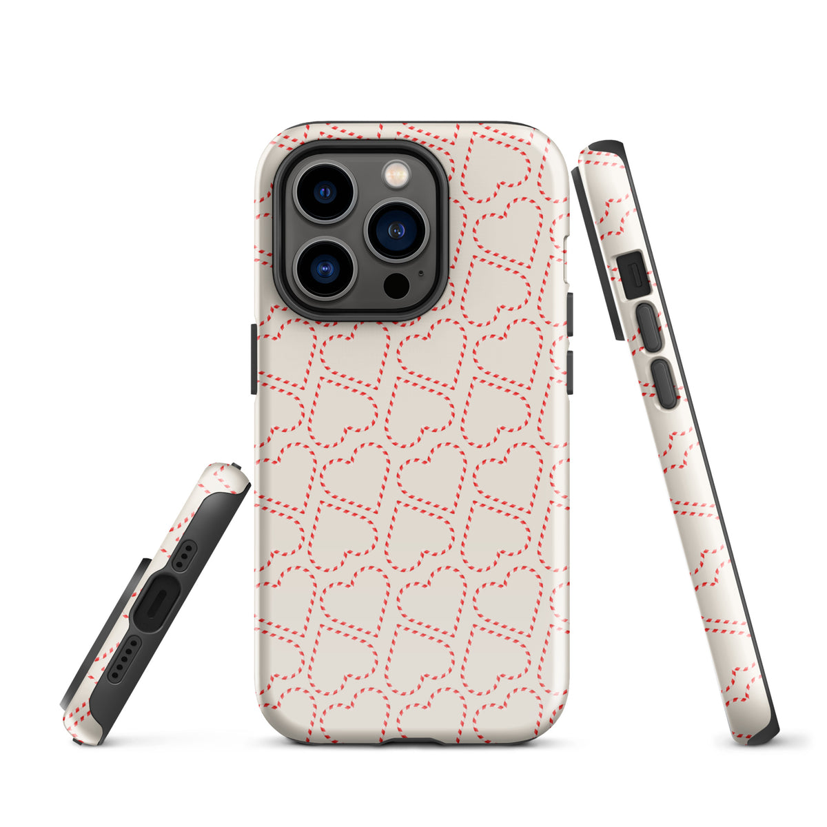 Phone Case for iPhone with holiday candy cane heart pattern, featuring festive red and white stripes, perfect for winter celebrations.