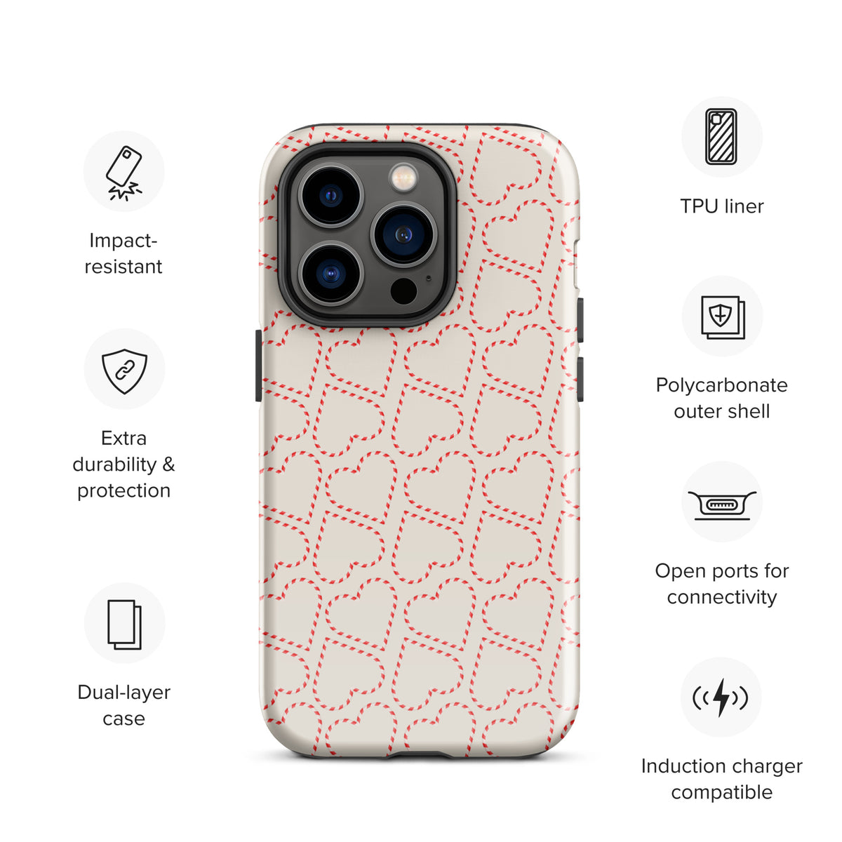 Phone Case for iPhone with holiday candy cane heart pattern, red and white festive design on dual-layer, impact-resistant case.