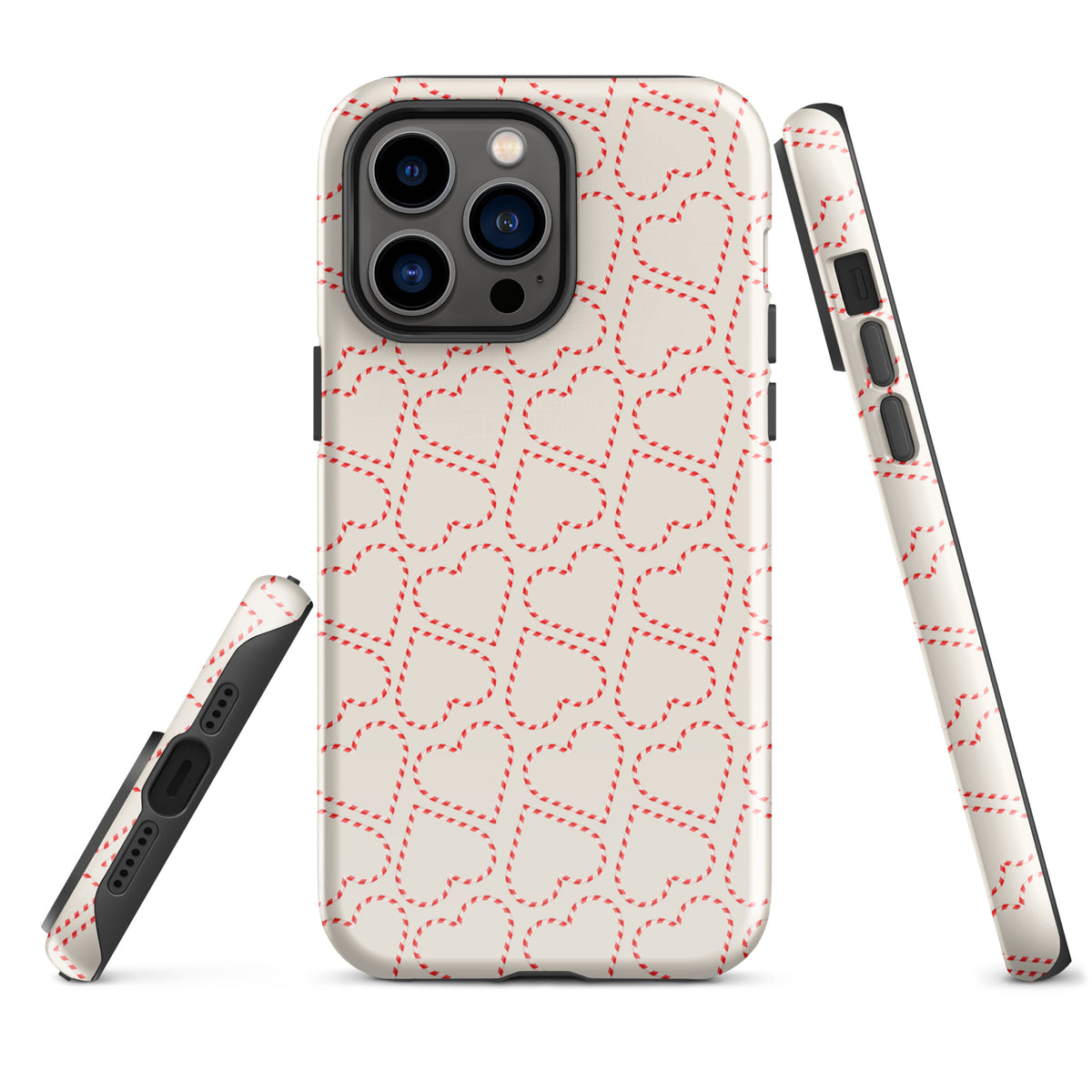 Phone Case for iPhone with holiday candy cane heart pattern in red and white, perfect for festive winter celebrations and cozy vibes.