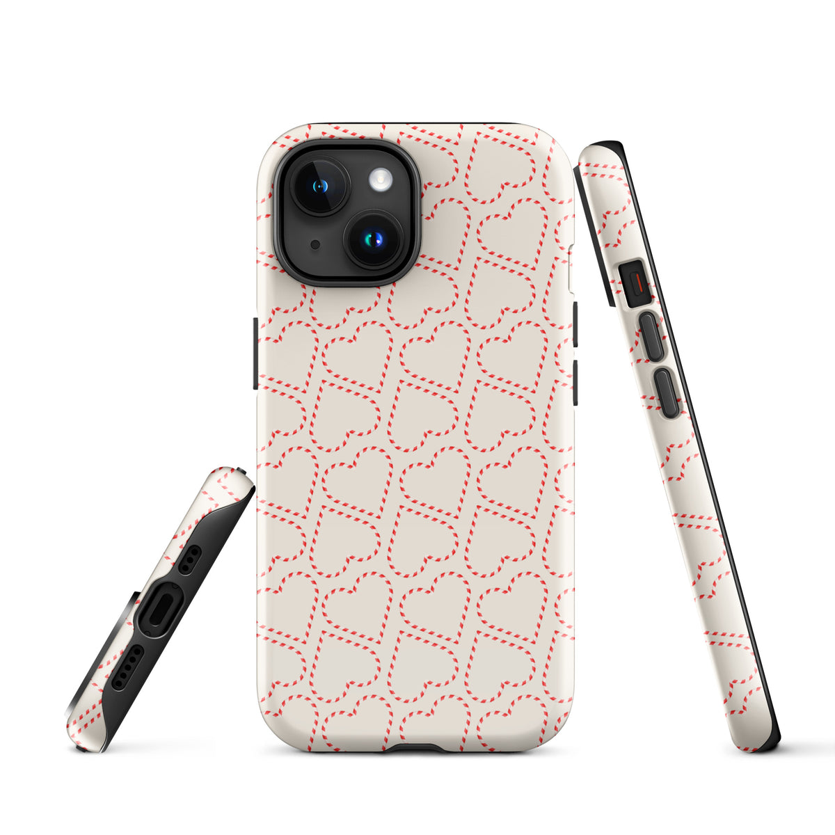 Phone Case for iPhone with festive candy cane heart pattern, perfect for winter holiday celebrations, featuring cheerful red and white design.