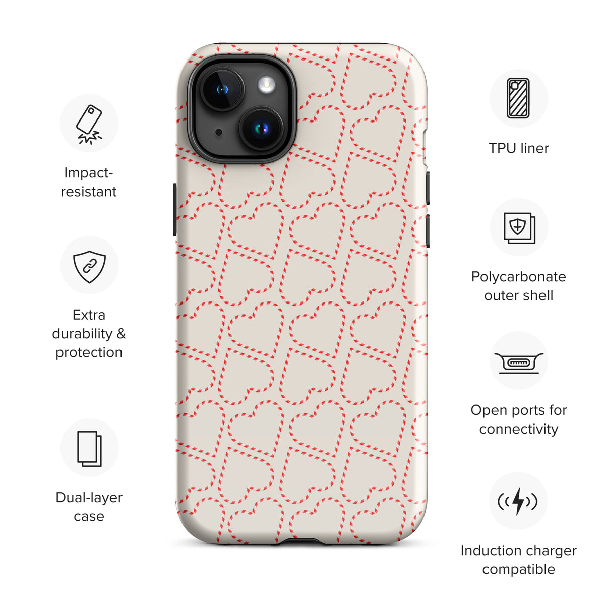 Phone Case for iPhone with holiday candy cane heart pattern, featuring impact-resistant design and polycarbonate outer shell