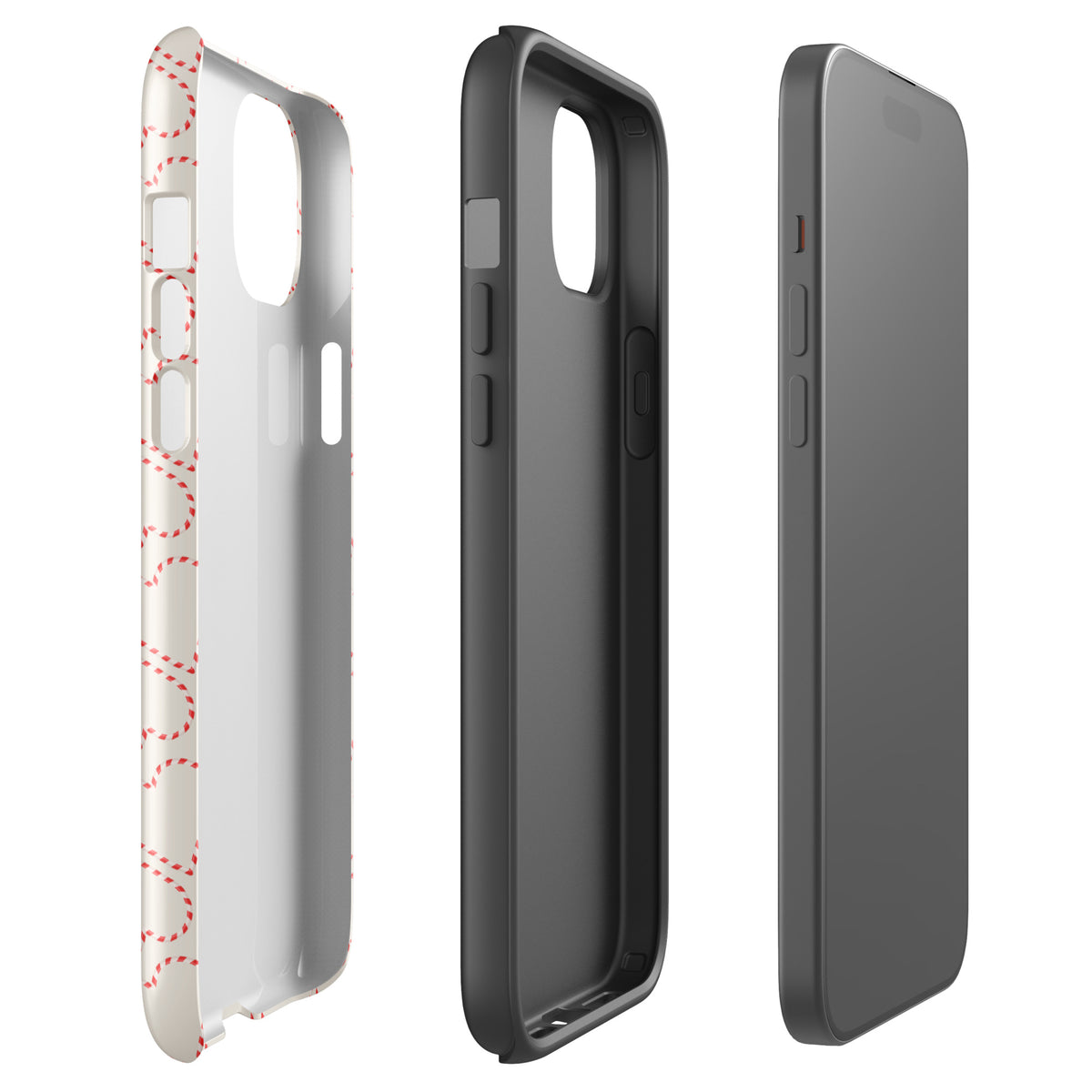 Phone Case for iPhone with holiday candy cane heart pattern, showcasing red and white festive design, ideal for winter celebrations.