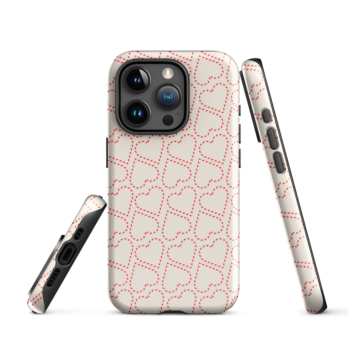 Phone Case for iPhone with holiday candy cane heart pattern, featuring festive red and white stripes for winter celebrations.