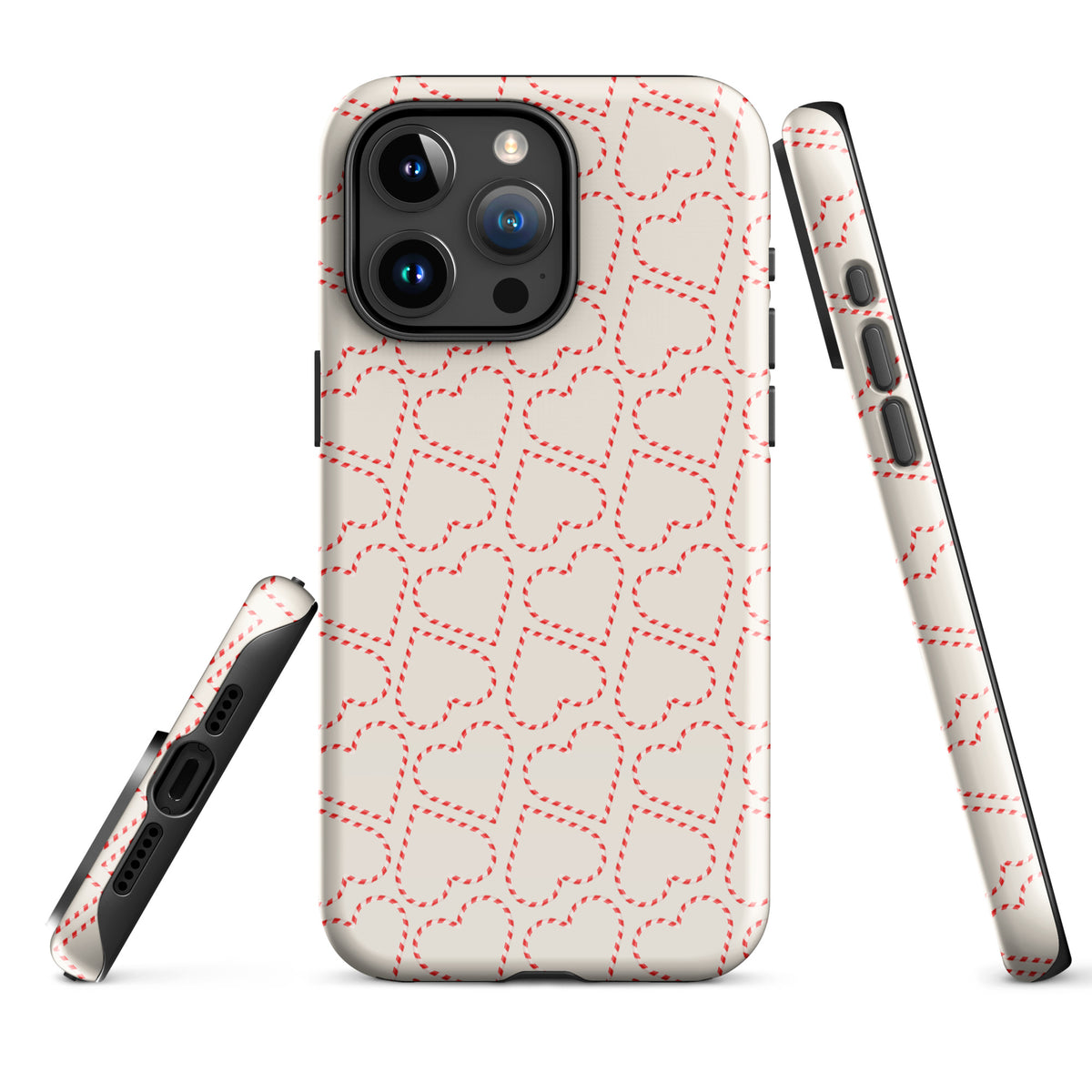 Phone Case with holiday candy cane heart pattern for iPhone, featuring festive red-and-white stripes, perfect for Christmas celebrations.