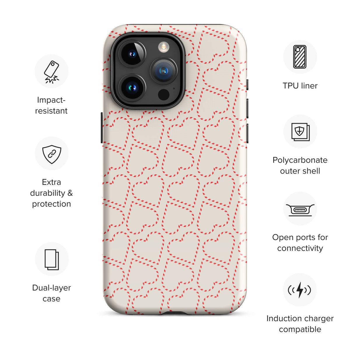 Phone Case for iPhone with Holiday Candy Cane Heart Pattern, featuring red and white festive design, impact-resistant and polycarbonate shell.
