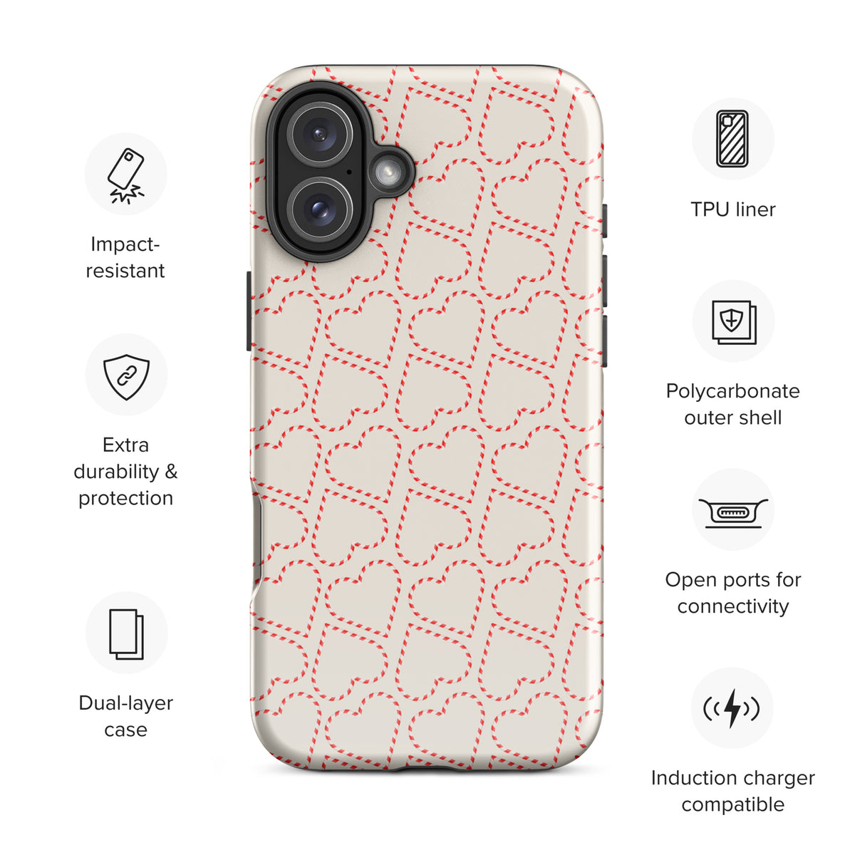Phone Case with holiday candy cane heart pattern for iPhone, featuring red and white stripes, perfect for festive winter celebrations.