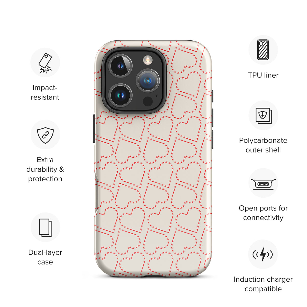 Phone Case with holiday candy cane heart pattern and impact-resistant dual-layer design