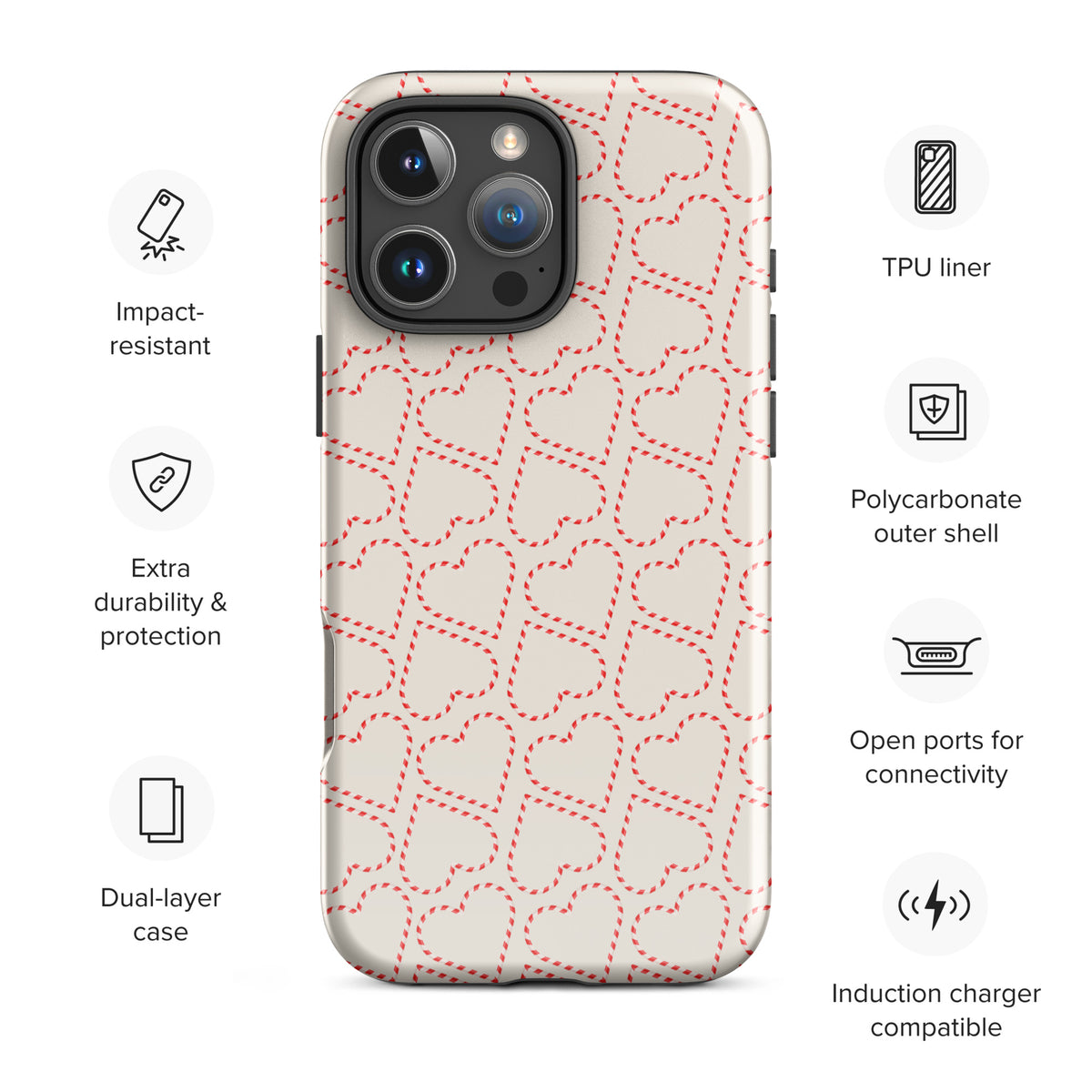 Phone Case for iPhone with holiday candy cane heart pattern, impact-resistant, dual-layer, polycarbonate shell, and TPU liner.