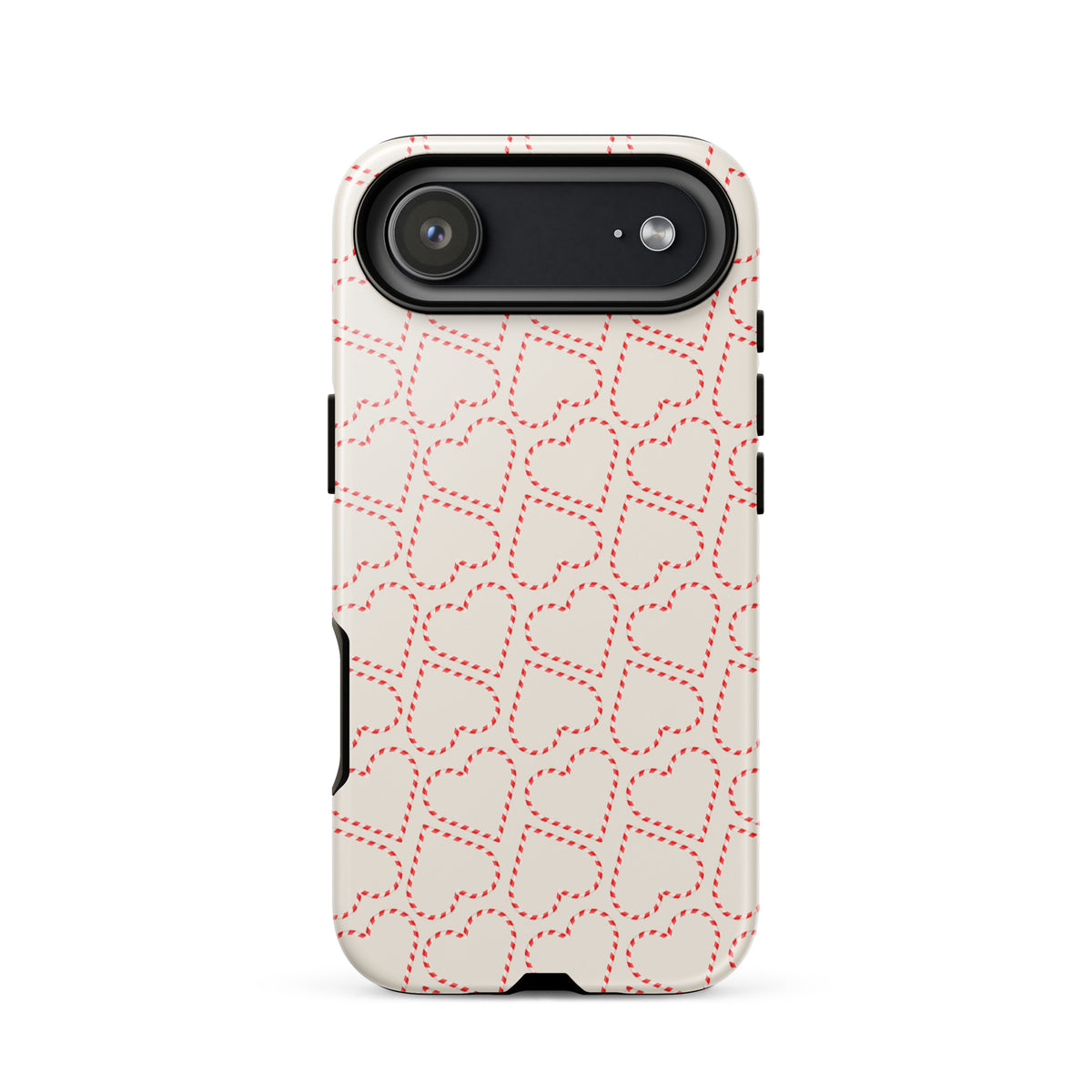 Phone Case with holiday candy cane heart pattern for iPhone, featuring festive red and white stripes for winter celebrations.