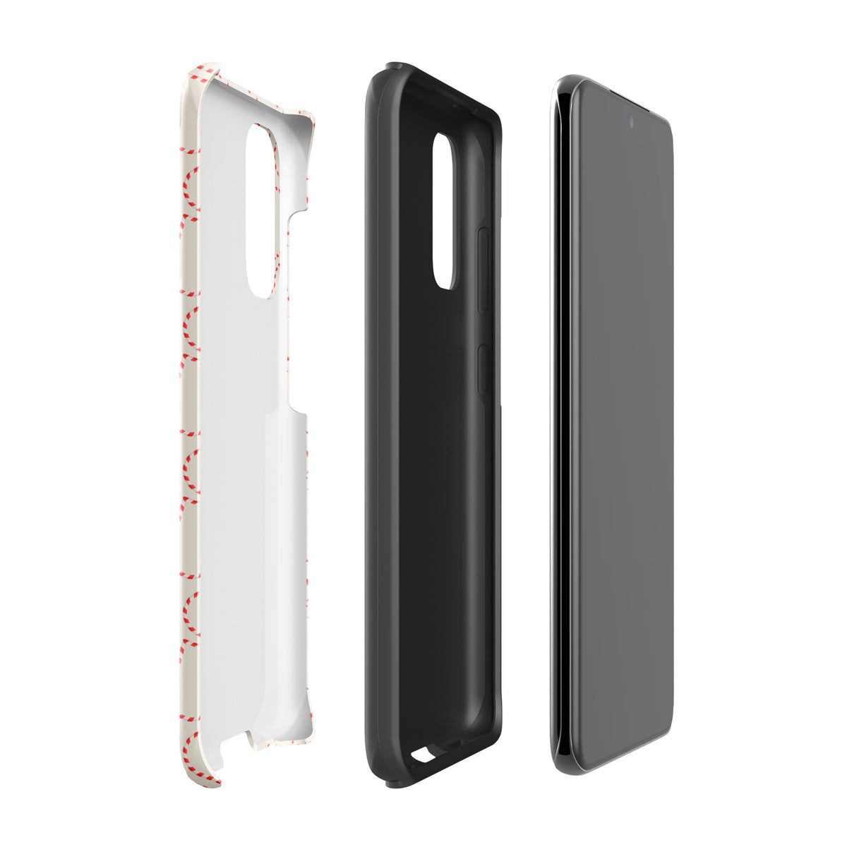 Phone Case for Samsung Galaxy with festive candy cane heart pattern and red-white stripes, perfect for winter celebrations.