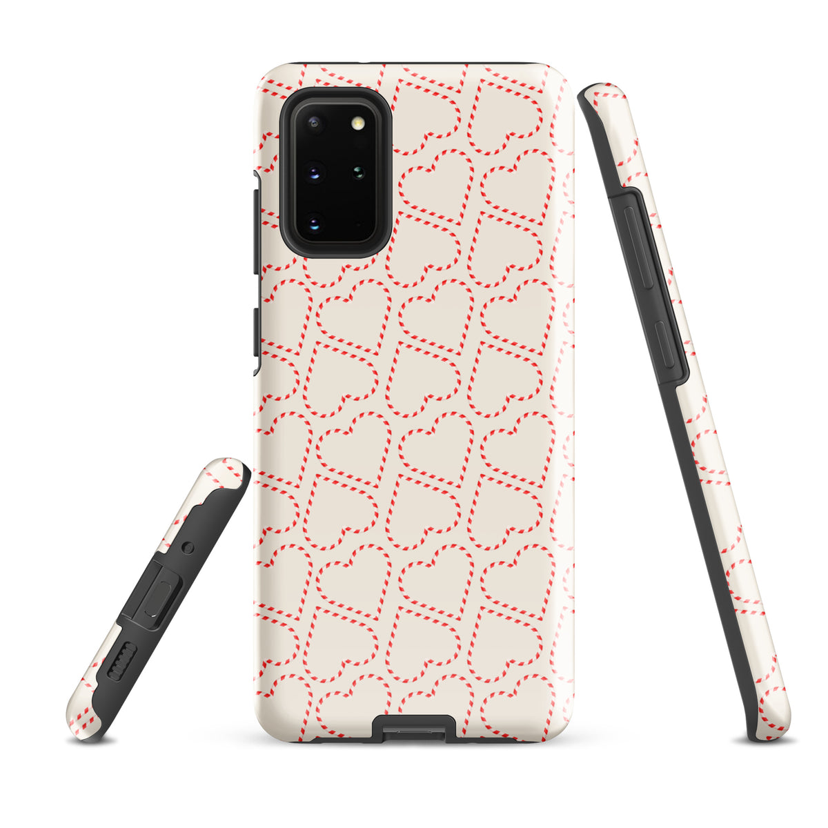 Phone Case for Samsung Galaxy with candy cane heart pattern, festive holiday design, red and white stripes, seasonal vibes.