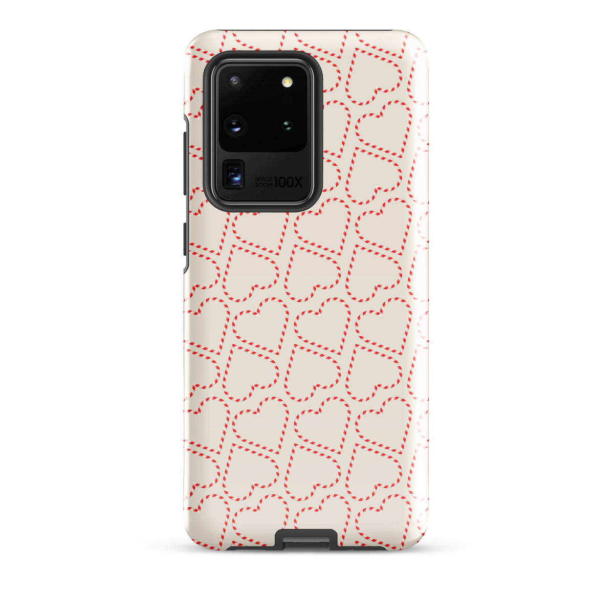 Phone Case for Samsung Galaxy with holiday candy cane heart pattern in red and white, festive Christmas theme, cozy seasonal design.
