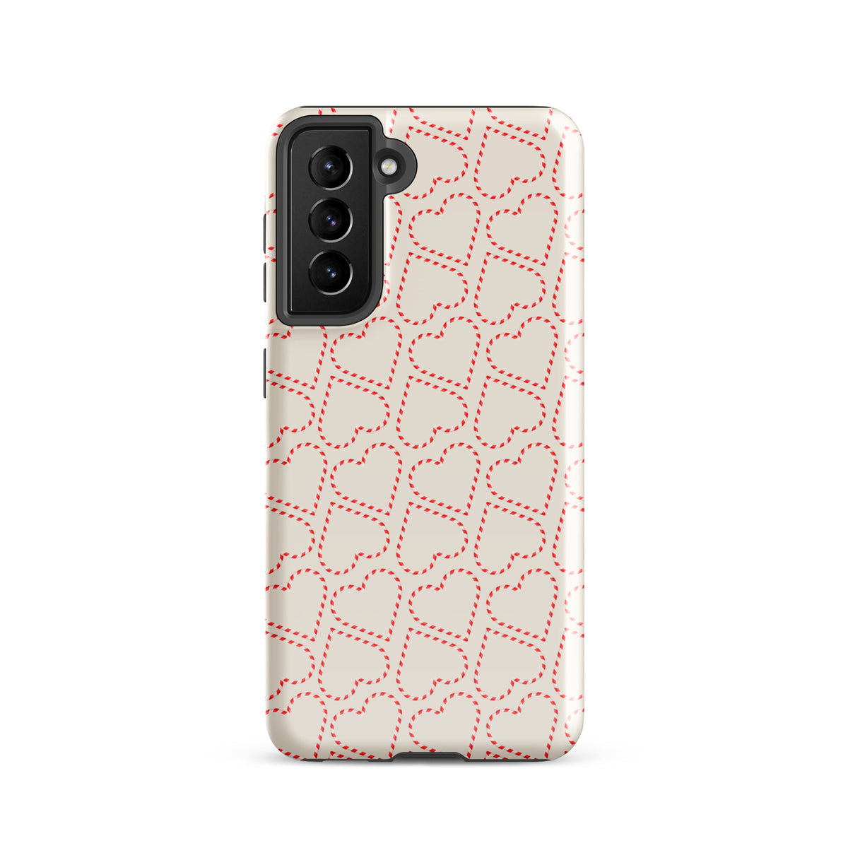 Phone Case for Samsung Galaxy with holiday candy cane heart pattern, featuring red and white stripes, perfect for winter celebrations.