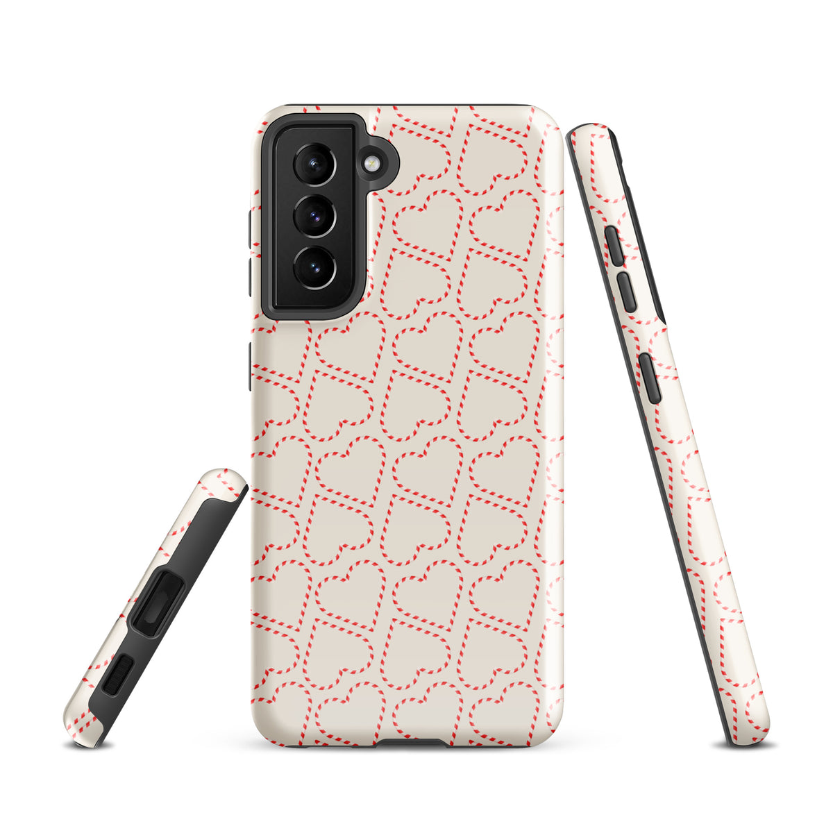 Phone Case for Samsung Galaxy with holiday candy cane heart pattern, red and white festive design perfect for winter celebrations.