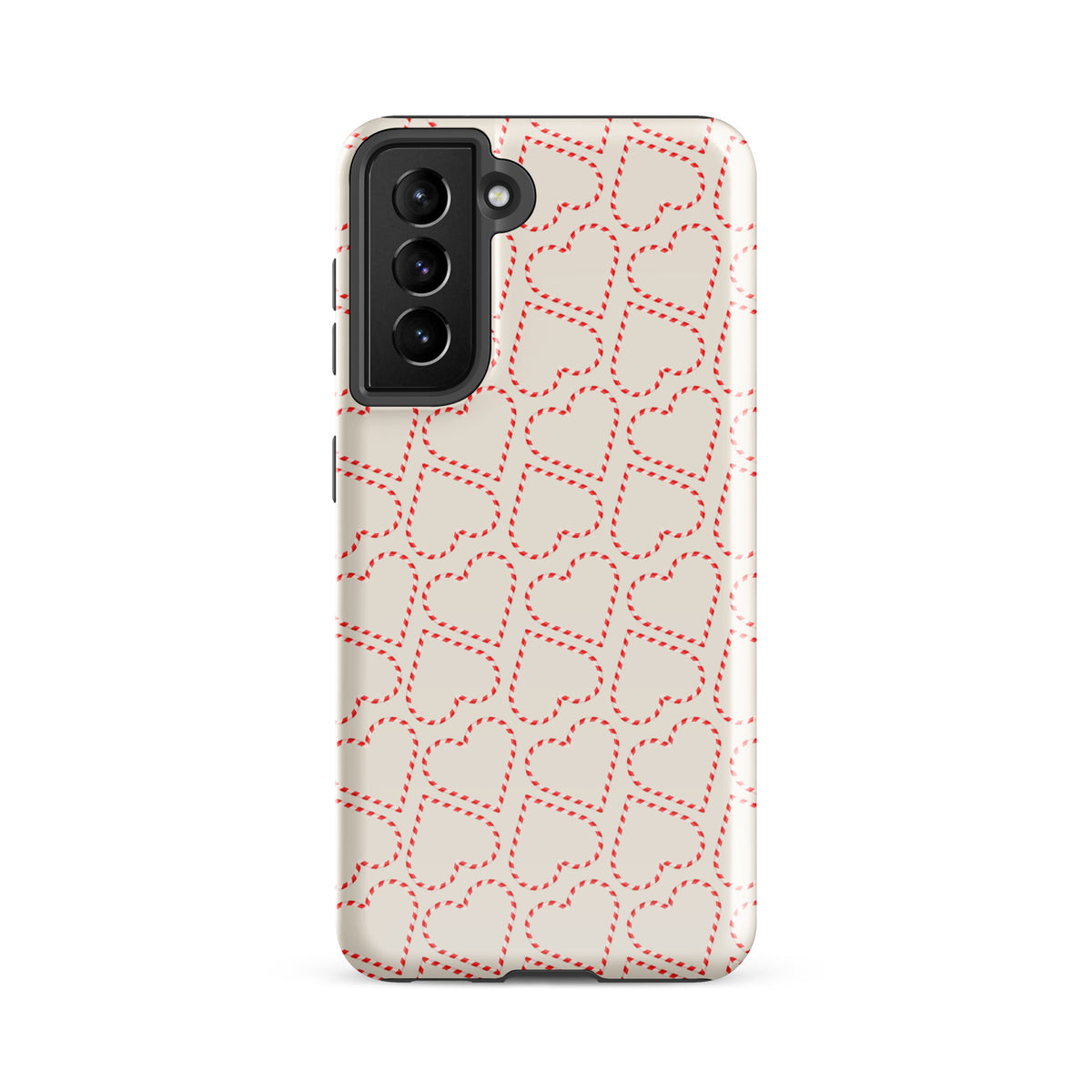 Phone Case for Samsung Galaxy with holiday candy cane heart pattern, featuring red and white festive design, ideal for winter celebrations.