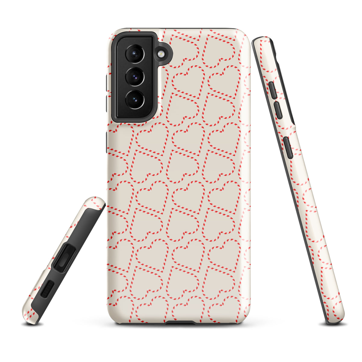 Phone Case for Samsung Galaxy with holiday candy cane heart pattern in festive red and white stripes, perfect for winter celebrations.