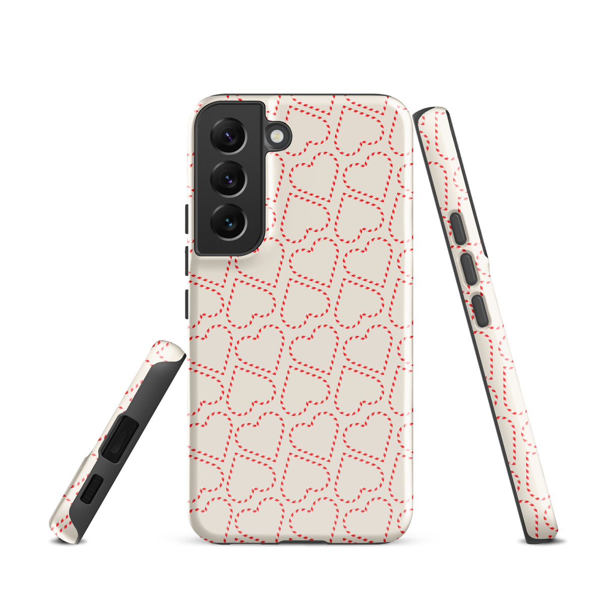 Phone Case for Samsung Galaxy with candy cane heart pattern, festive holiday design, red and white stripes, cozy winter vibe