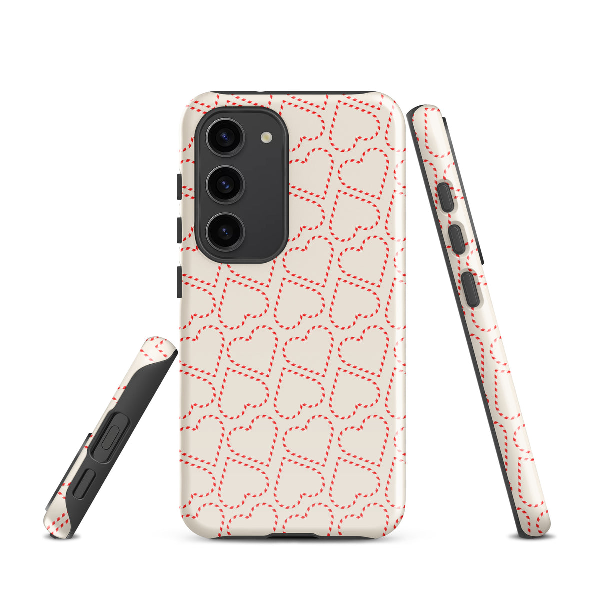 Phone Case for Samsung Galaxy with holiday candy cane heart pattern, red and white stripes, festive seasonal design for winter celebrations.