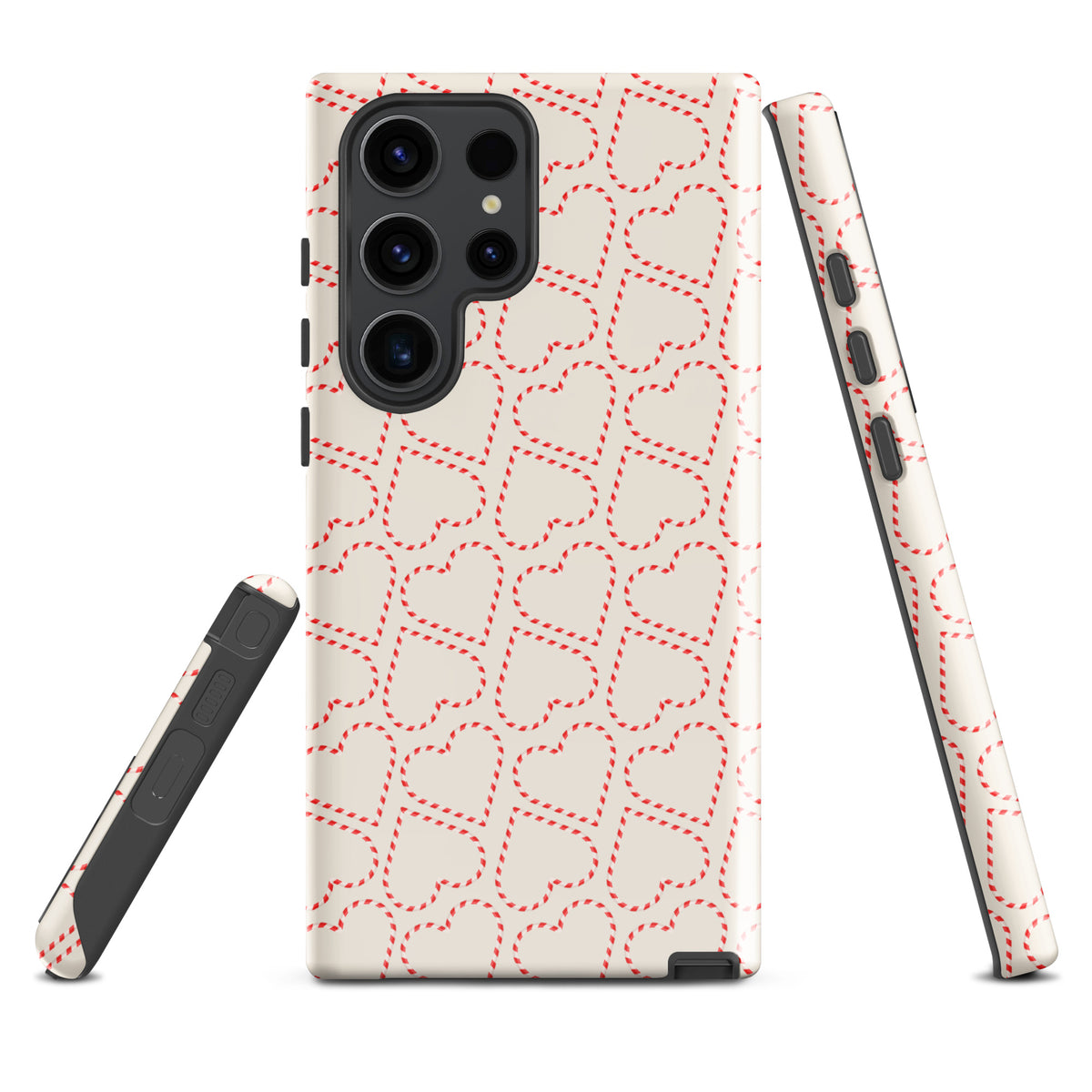 Phone Case for Samsung Galaxy with holiday candy cane heart pattern, festive red-and-white stripes, cheerful and cozy design for winter.