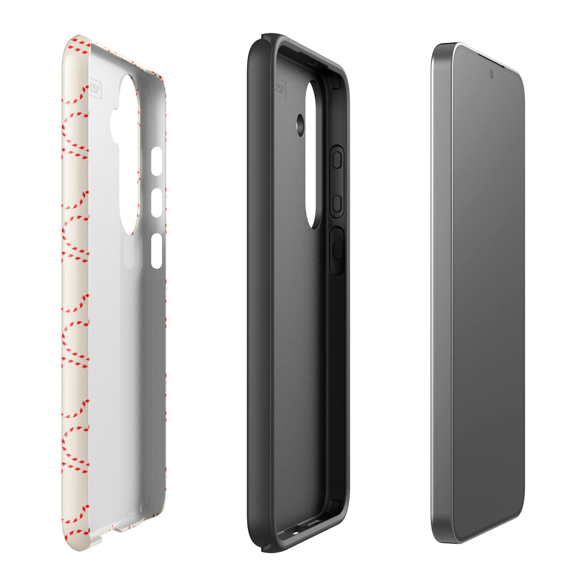 Phone Case for Samsung Galaxy with holiday candy cane heart pattern, three views showing festive red and white design.