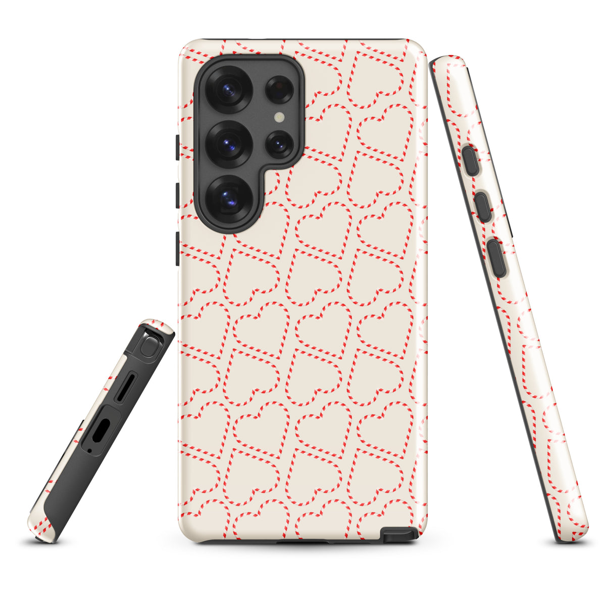 Phone Case for Samsung Galaxy with candy cane heart pattern, festive holiday design in red and white stripes, cheerful and seasonal.