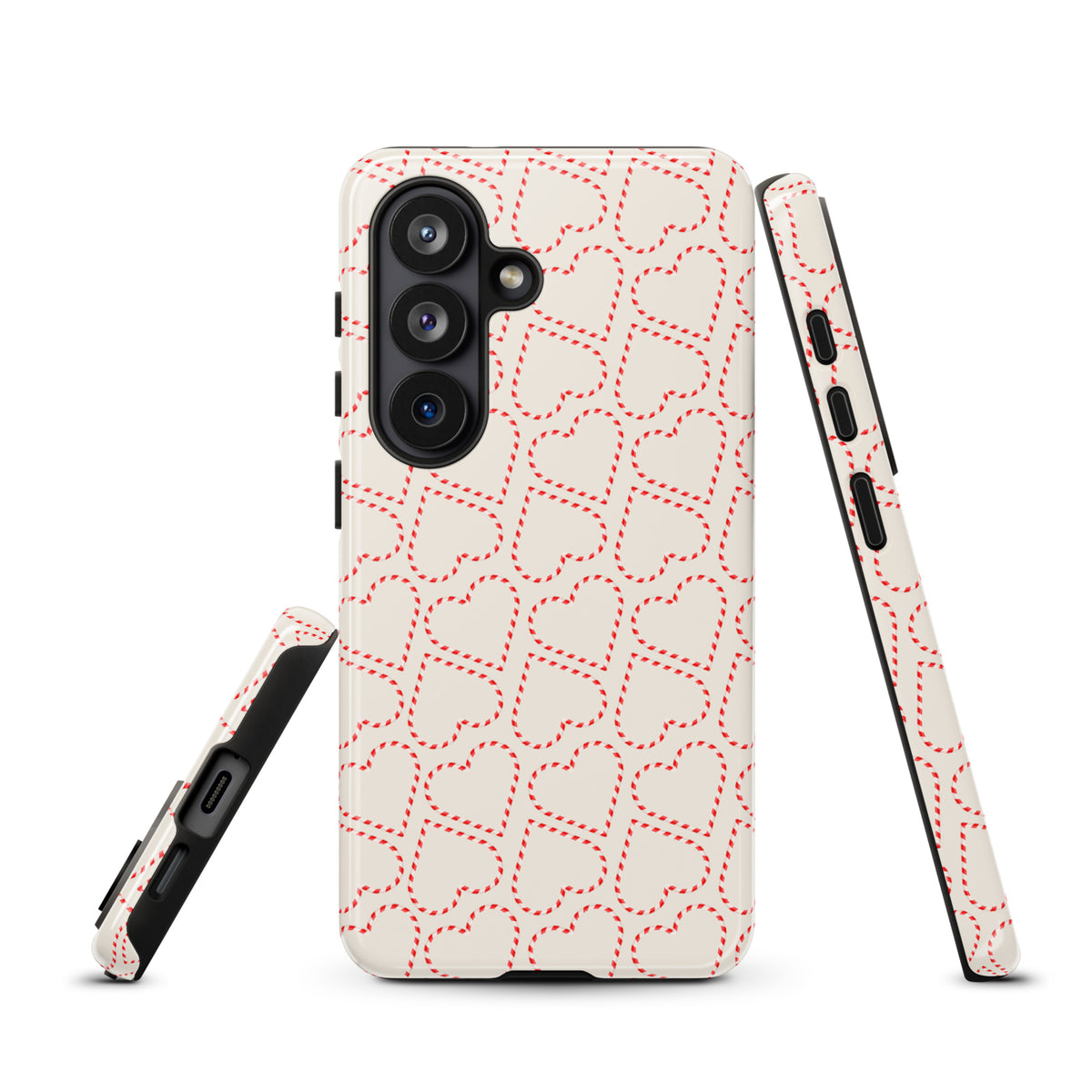 Phone Case for Samsung Galaxy with holiday candy cane heart pattern, featuring festive red and white stripes, perfect for winter celebrations.