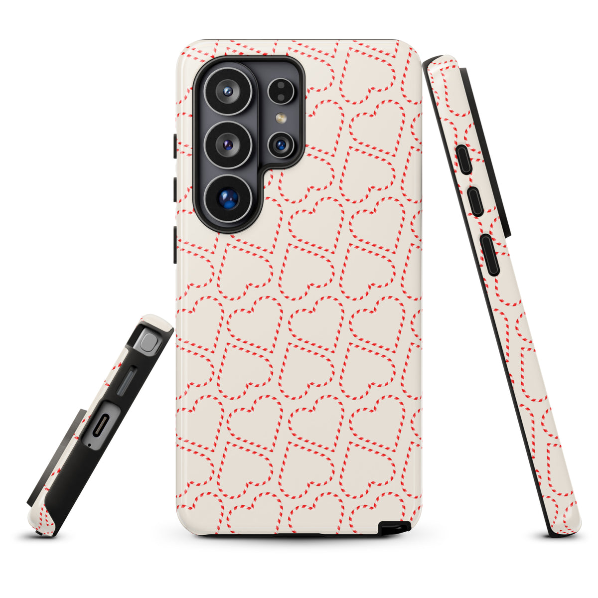 Phone Case for Samsung Galaxy with holiday candy cane heart pattern, featuring festive red and white stripes, perfect for winter.