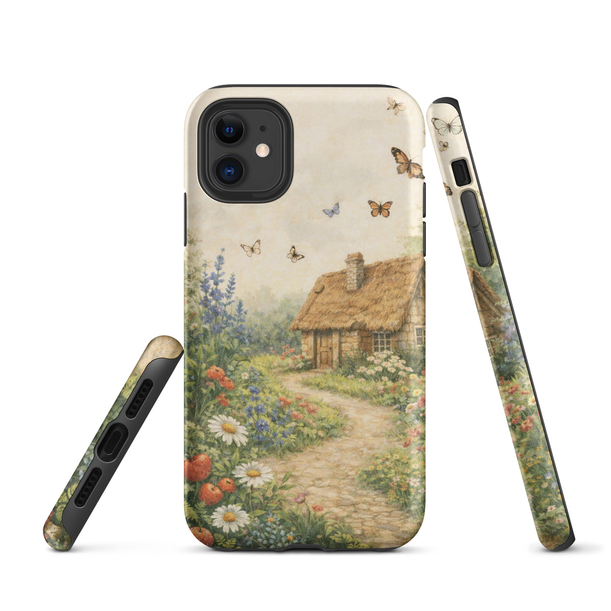 Phone Case with cottage and garden art design, featuring a thatched-roof stone cottage and colorful flowers, perfect for iPhone users.