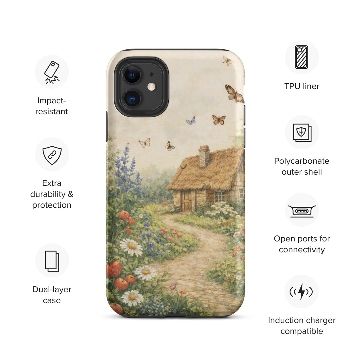 Phone Case for iPhone with countryside cottage and garden design featuring daisies and poppies