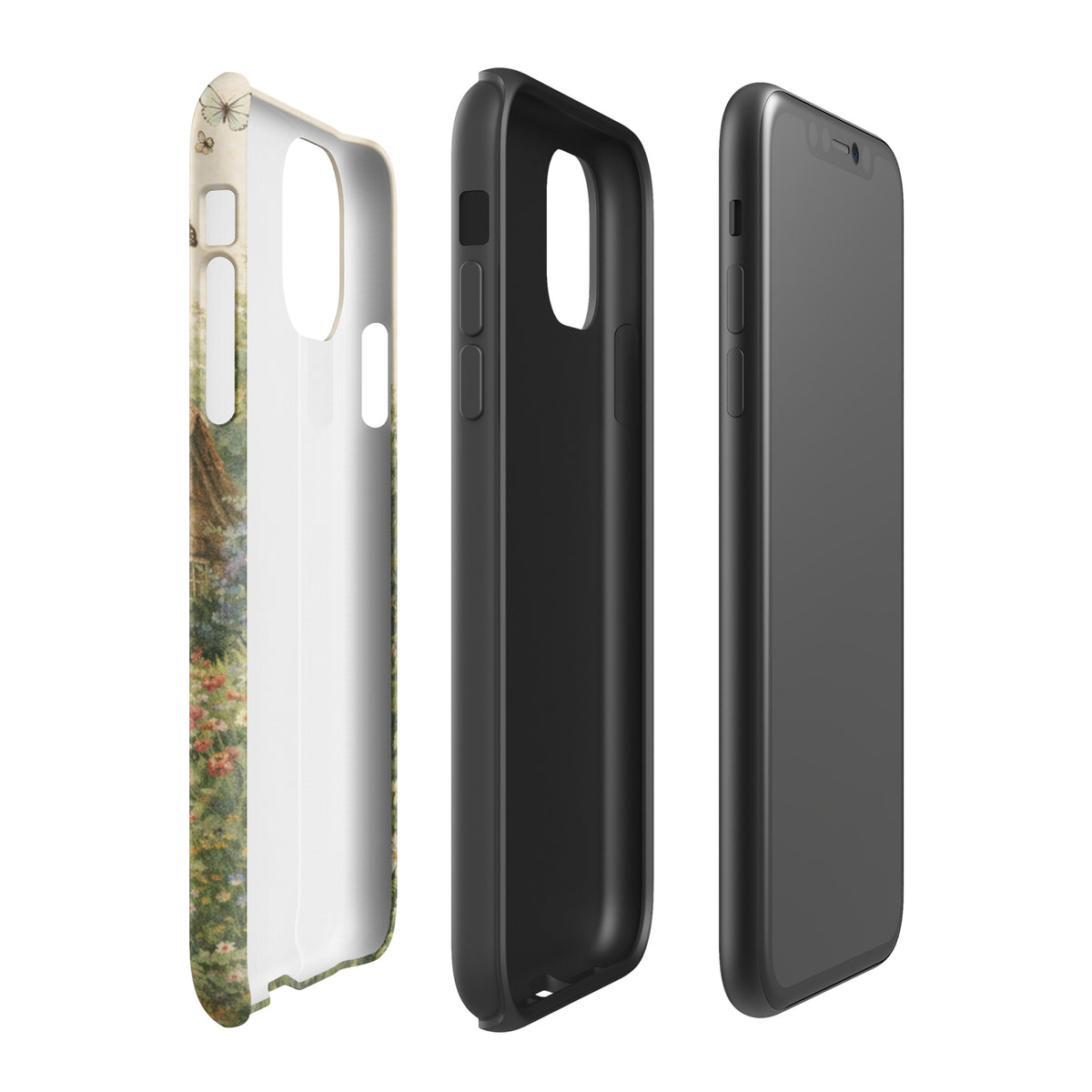 Side view of Phone Case for iPhone featuring a cottage garden design with a cozy thatched-roof stone house and vibrant flowers.