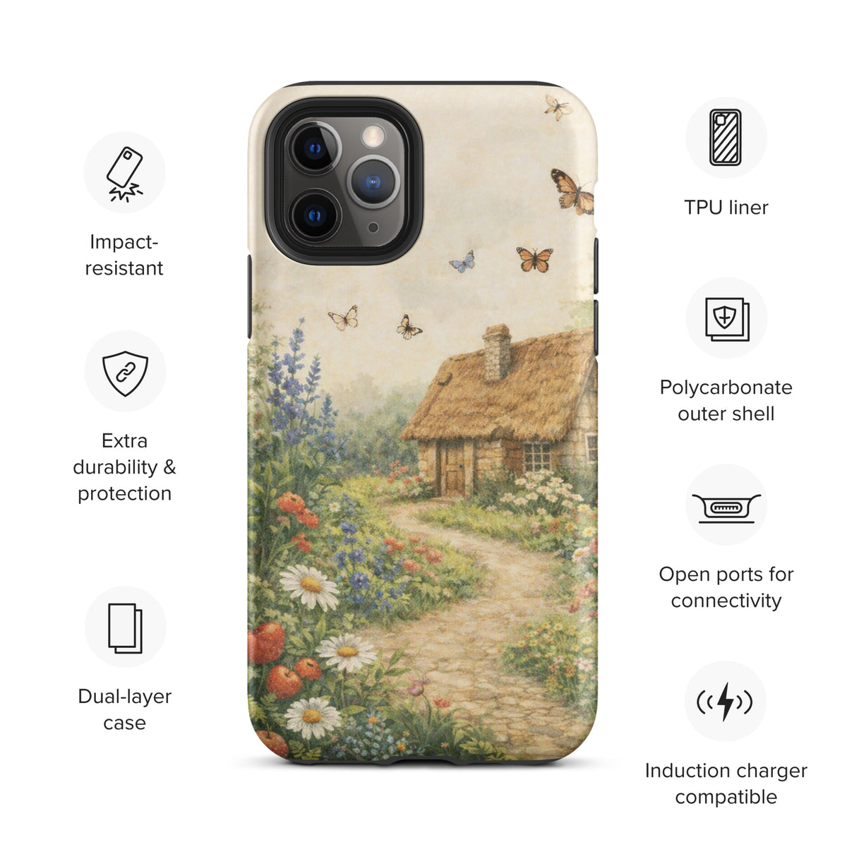 Phone Case for iPhone - Cottage Garden Art with thatched-roof stone cottage and vibrant flowers, perfect for countryside charm lovers.
