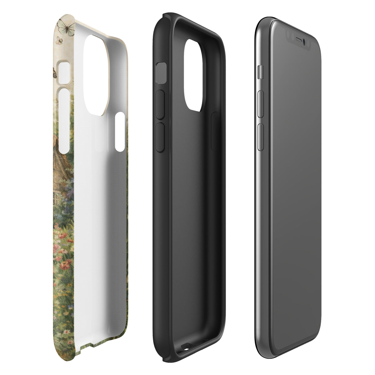 Phone Case for iPhone showcasing cozy cottage garden art design with a thatched-roof stone cottage and vibrant flowers on cream background.