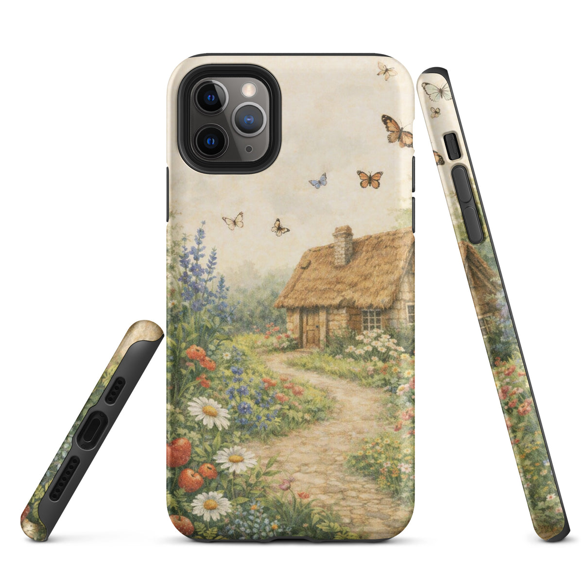 Phone Case for iPhone with cottage garden art design featuring a thatched-roof cottage, daisies, and butterflies on a cream background.